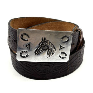 Vintage 70s 80s CHAMBERS Horse Head Buckle on Floral Tooled Cowhide Belt 32" USA